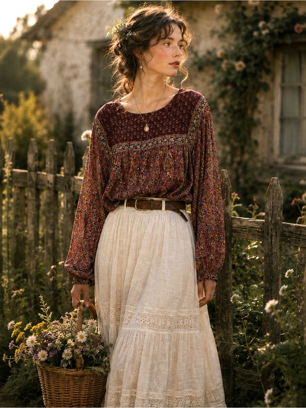 GAP XXL Boho Paisley Peasant Blouse Burgundy Babydoll Cottagecore Tunic Top